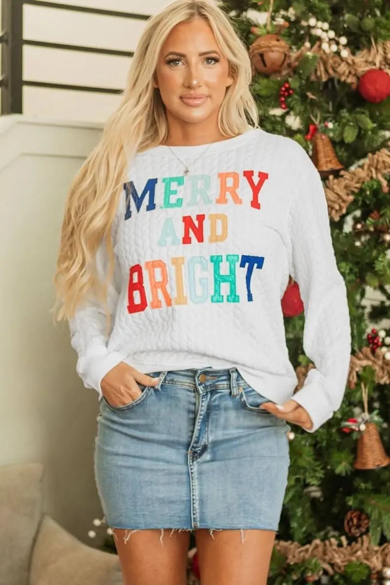 White Merry And Bright Cable Knit Pullover Sweatshirt - Love Salve